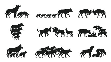 Obraz premium Black silhouette of various wild animals.