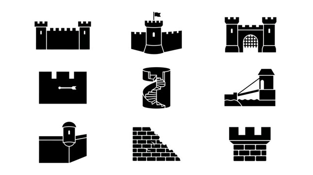 Black silhouette castle wall icons set.