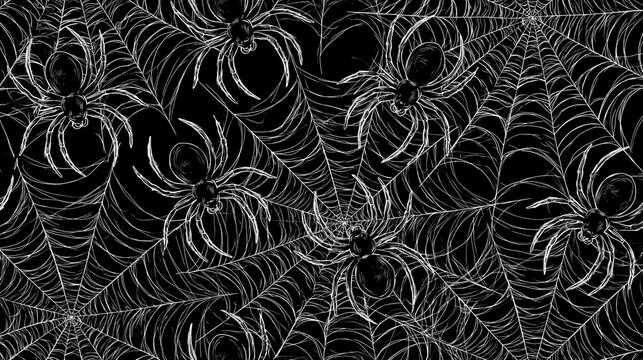 Allover cobweb print on a dark background with spider silhouettes for dramatic seasonal surface design