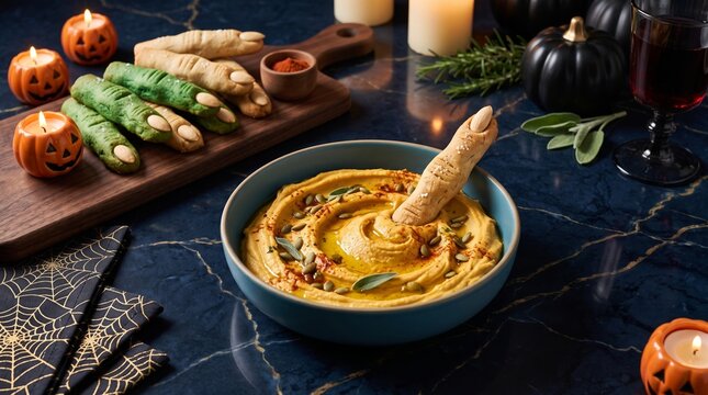 Bowl of creamy hummus with green vegetable sticks shaped like pumpkins