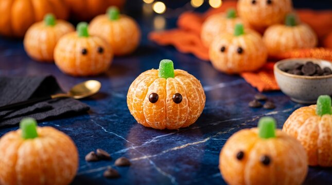 Delightful mini pumpkins made of tangerines, decorated with candy eyes