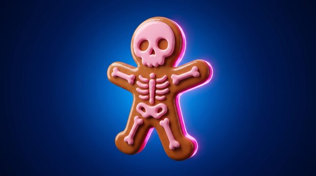 Pink-lit gingerbread skeleton, isolated on deep blue