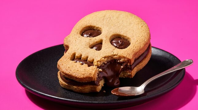 Chocolate-filled skull cookie on black plate