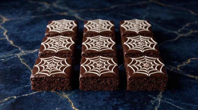 Delicious chocolate brownies decorated with spiderweb icing