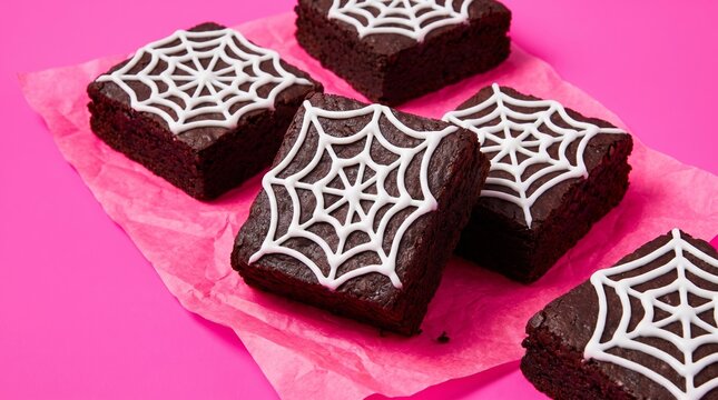 Square brownies topped with spiderweb design