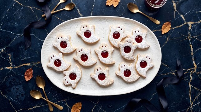 Cute ghost cookies with jam eyes on marble surface