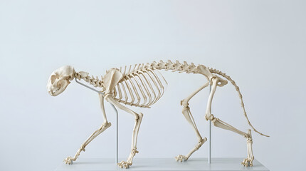 Side view of a cat skeleton on display in a museum setting