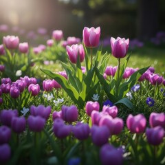 Obraz premium Purple and pink tulips blooming in a sunny spring garden field. Vibrant green grass and small wildflowers under soft backlighting with shallow depth of field and bokeh.