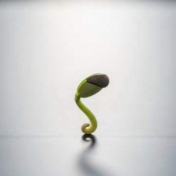 Macro shot of a single green seedling sprouting from a dark seed coat on a minimalist gray surface. Detailed view of the curved hypocotyl and emerging cotyledon with soft lighting.