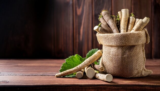 Fresh Burdock Root Or Gobo In Sack And On Wooden Background