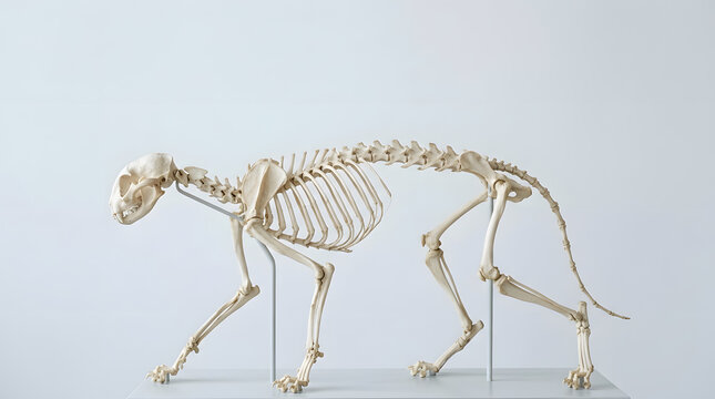 Side view of a cat skeleton on display in a museum setting
