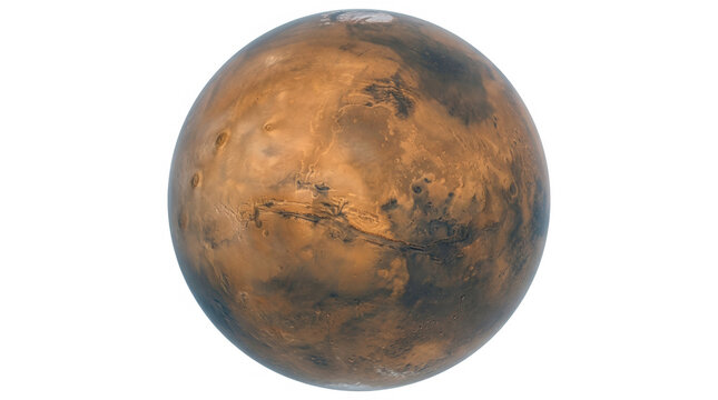Vista detallada del planeta Marte aislado sobre un fondo blanco, mostrando su superficie rocosa de color rojo anaranjado y caracter&iacute;sticas geol&oacute;gicas &uacute;nicas en el espacio exterior.