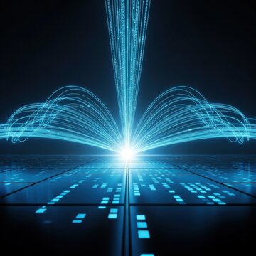 Conceptual 3D illustration of luminous blue fiber optic data streams and binary code rising from a central light source over a reflective dark grid floor in a digital space.