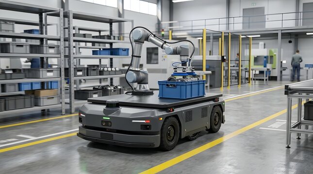 An autonomous mobile robot (AMR) for material transport with a cobot arm on its platform