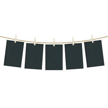 Cinco marcos de fotos rectangulares vac&iacute;os y negros colgados de una cuerda con pinzas de madera, ideales para exhibir recuerdos, notas o fotograf&iacute;as en un dise&ntilde;o minimalista y elegante.