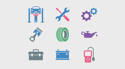 Fototapeta premium Flat design icon set for auto repair service, including car lift, tools, engine parts, and diagnostic equipment.