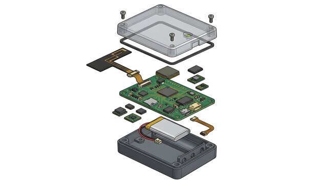 An exploded view diagram of an IoT predictive maintenance sensor on clean white background. Flat vector illustration. 