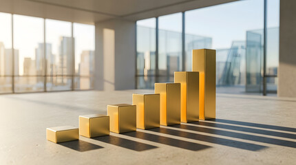 Plakat Golden bar graph in modern office with city skyline view
