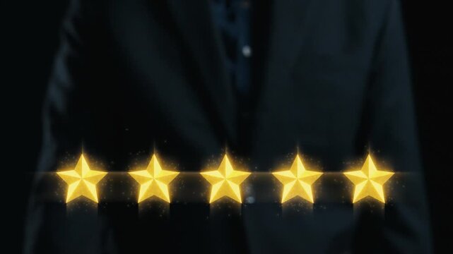 A professional businessman displays five golden stars alongside speech bubbles symbolizing customer feedback and reviews, highlighting themes of success and communication. Qubit