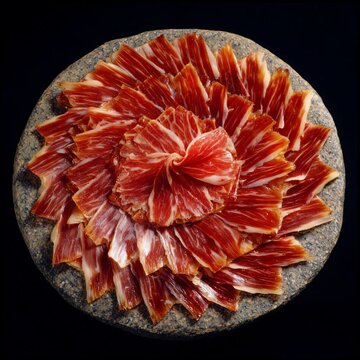 Woman's hand picking up a delicious slice of cured jamon iberico from a stone plate