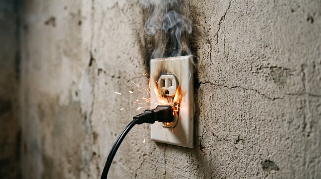 Burning electrical outlet releases flames and smoke from a damaged wall socket. Concept of short circuit, faulty wiring, electrical safety and household fire risk.