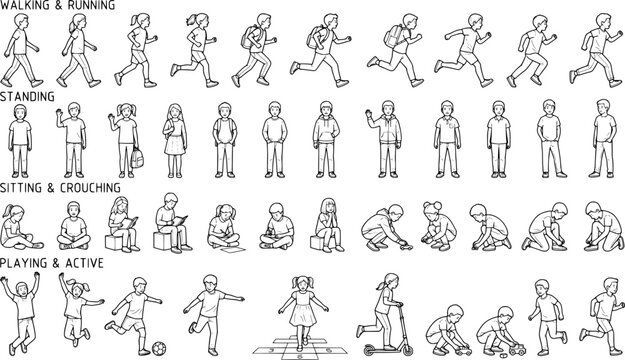 CAD Drawings Kids Children Outlines Set Sitting Walking Running Standing Crouching Playing Isolated White Background Vector Illustration
