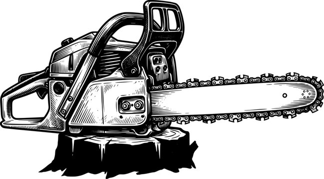 a detailed black and white illustration depicts a powerful chainsaw showing its sharp teeth and robust structure a striking silhouette