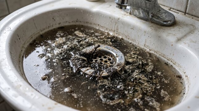 Blocked household sink filled with contaminated standing water, sludge and debris. Severe plumbing problem requiring emergency drain cleaning and repair.