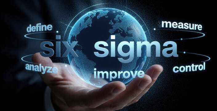 Businessman holds digital globe with Six Sigma DMAIC cycle. Define measure analyze improve control process for business quality and innovation.