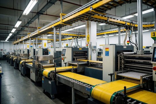 Automated conveyor belts and printing machines in a modern factory. Industrial equipment operates on a production line without people. Warehouse setting with manufacturing devices.