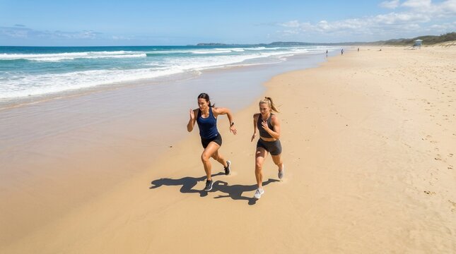 Two Women Enjoying A Refreshing Beach Run On A Sunny Day