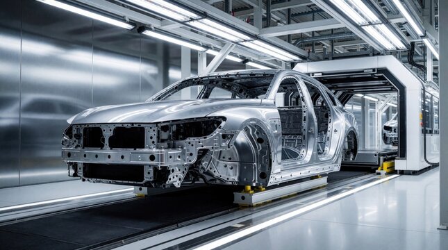 Automated factory line builds car frame chassis. Futuristic production, shiny metal parts move on conveyor. Modern auto plant, precision engineering creates vehicle body.