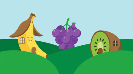 Fototapeta premium Whimsical fruit houses: smiling banana, grape bunch, and kiwi slice on green hills under blue sky, flat design vector illustration