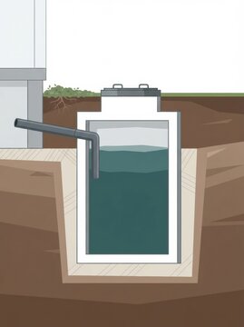 The drawing shows a cross section of a septic tank within the ground, illustrating how wastewater flows into it from a nearby building.