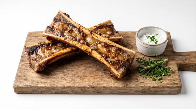 Roasted beef marrow bones with exposed bone marrow served on a rustic wooden board, showcasing a rich gourmet meat dish.