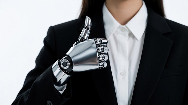 Woman wears black suit, white shirt, showing robotic right hand with thumbs-up gesture. Image highlights advanced technology integration. Suitable for themes like human enhancement, biomechanics,