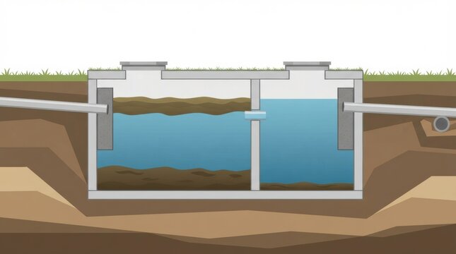 A cross section of a septic tank for managing residential wastewater drainage and plumbing.
