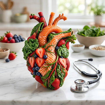 Anatomical heart shape made of salmon and fresh vegetables.