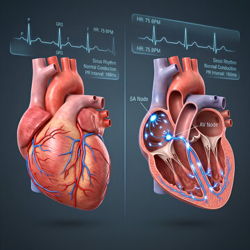 Anatomical human heart diagrams with internal cross-sections and EKG.