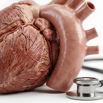 Anatomical human heart model with medical stethoscope.