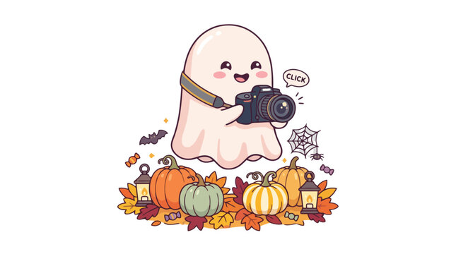 Cute halloween ghost photographer taking photos with digital camera