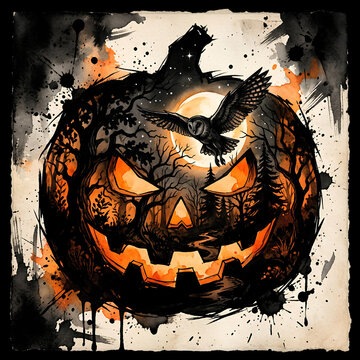 Artistic Halloween pumpkin illustration with crow and forest silhouette.