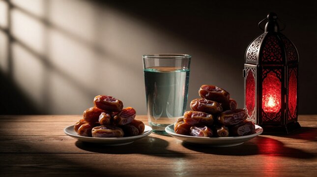 Dates and water glass rest on wooden table near glowing red lantern. Ramadan iftar meal setting, spiritual fasting tradition, warm evening light.