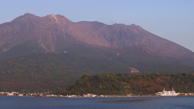 Sakurajima Volcano Island landscape, Japan, Kagoshima prefecture, Kyushu island region, island volcano and bay, Yunohira Observation Deck, ferry trip from Kagoshima, Kirishima-Kinkowan National Park 