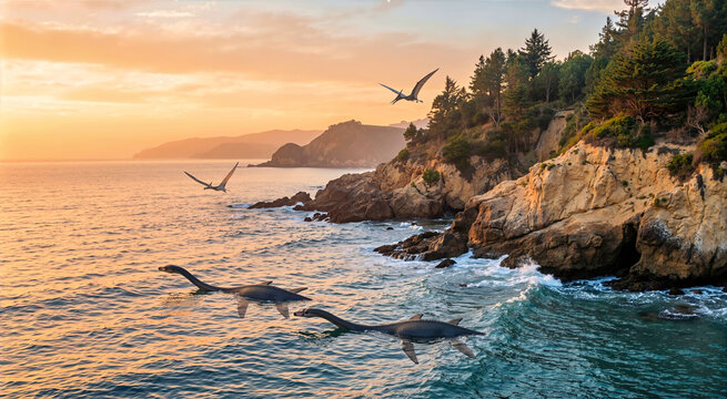 Dramatic prehistoric ocean coastline with swimming plesiosaurs. Rocky cliffs covered with conifers and flying pterosaurs at sunset. Ancient marine reptile landscape