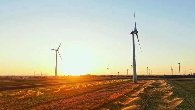 Wind turbines stand tall in a farm field during sunset. The sky shows colors as sunlight fades. Crops grow in rows below. This scene captures energy and farming together.