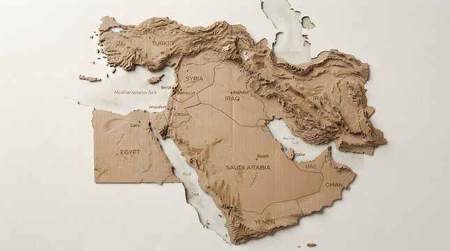 3D relief map of Middle East region with country borders