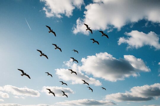 Silhouetted seagulls soar against partial blue-vivid cloud backdrop. Birds glide independently, aerodynamically, capturing nature grace scattered clouds frame horizon. Assembly conveys freedom,