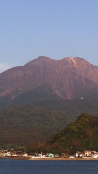 Sakurajima Volcano Island landscape, Japan, Kagoshima prefecture, Kyushu island region, island volcano and bay, Yunohira Observation Deck, ferry trip from Kagoshima, Kirishima-Kinkowan National Park 
