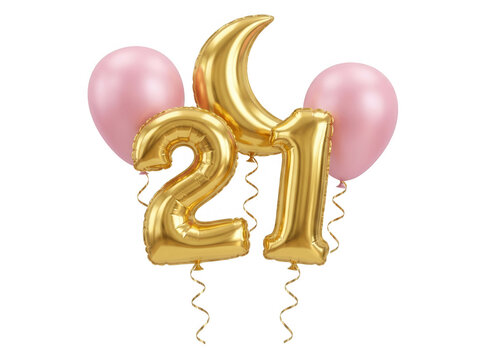 Conjunto de globos met&aacute;licos dorados en forma de n&uacute;mero veintiuno acompa&ntilde;ados por globos de l&aacute;tex de color rosa suave, ideales para celebraciones de cumplea&ntilde;os o aniversarios especiales.
